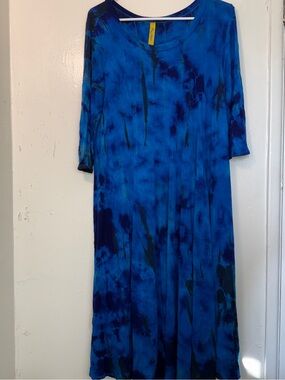 Pure Intent Boho Tie Dye Maxi Dress 3/4 Sleeve Blue Teal Whimsigoth Made in USA